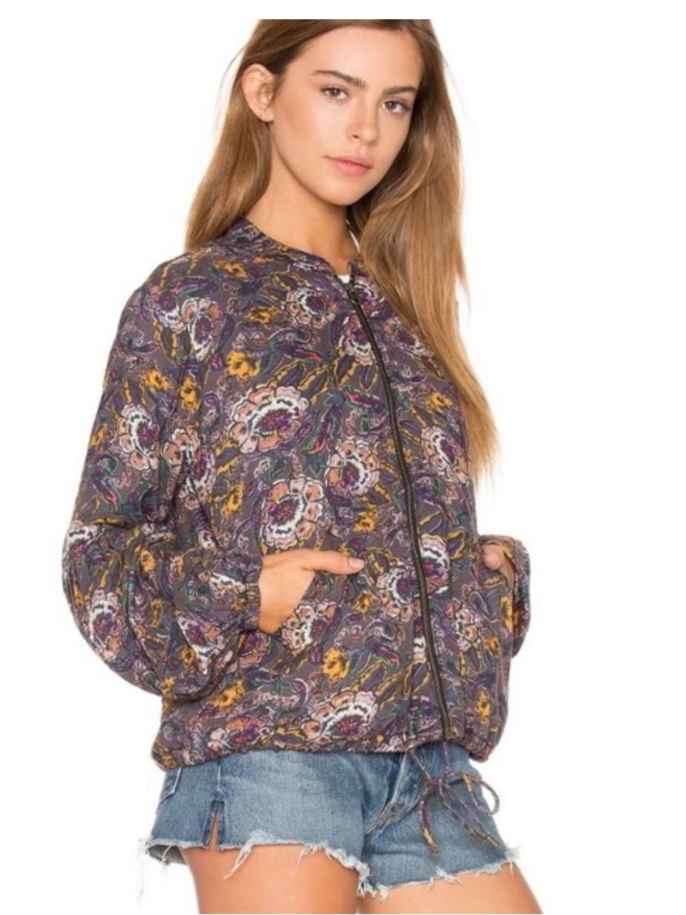 Free People Purple Floral Soft Printed Balloon Sleeve Zip Moto Jacket Small